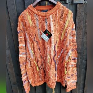 COOGI Men's Orange Multi-Texture Crewneck Sweater with Yellow & Blue Accents